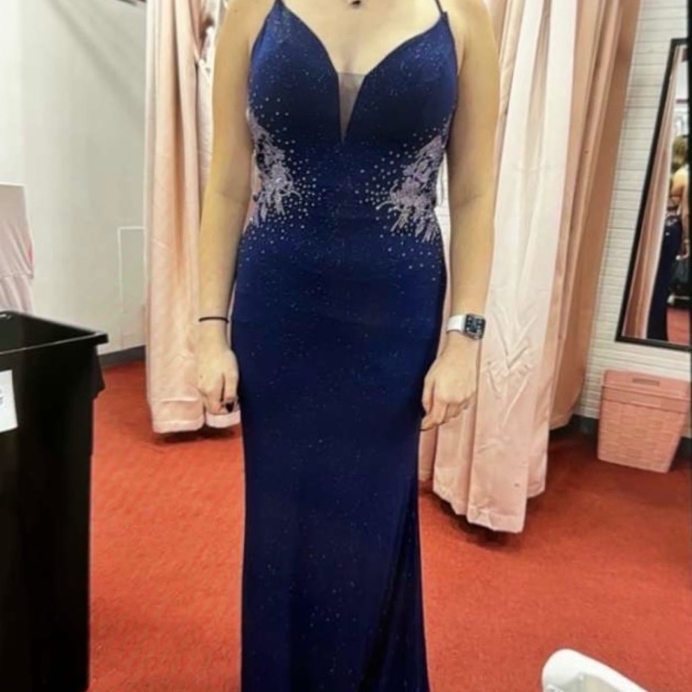 Ellie Wilde Navy Blue Embellished Prom Dress